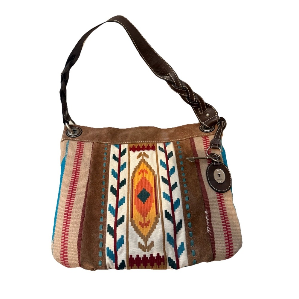 Vintage Fossil Multi-Color  Striped  Suede Fabric Crossbody Leather Bag Logo Key